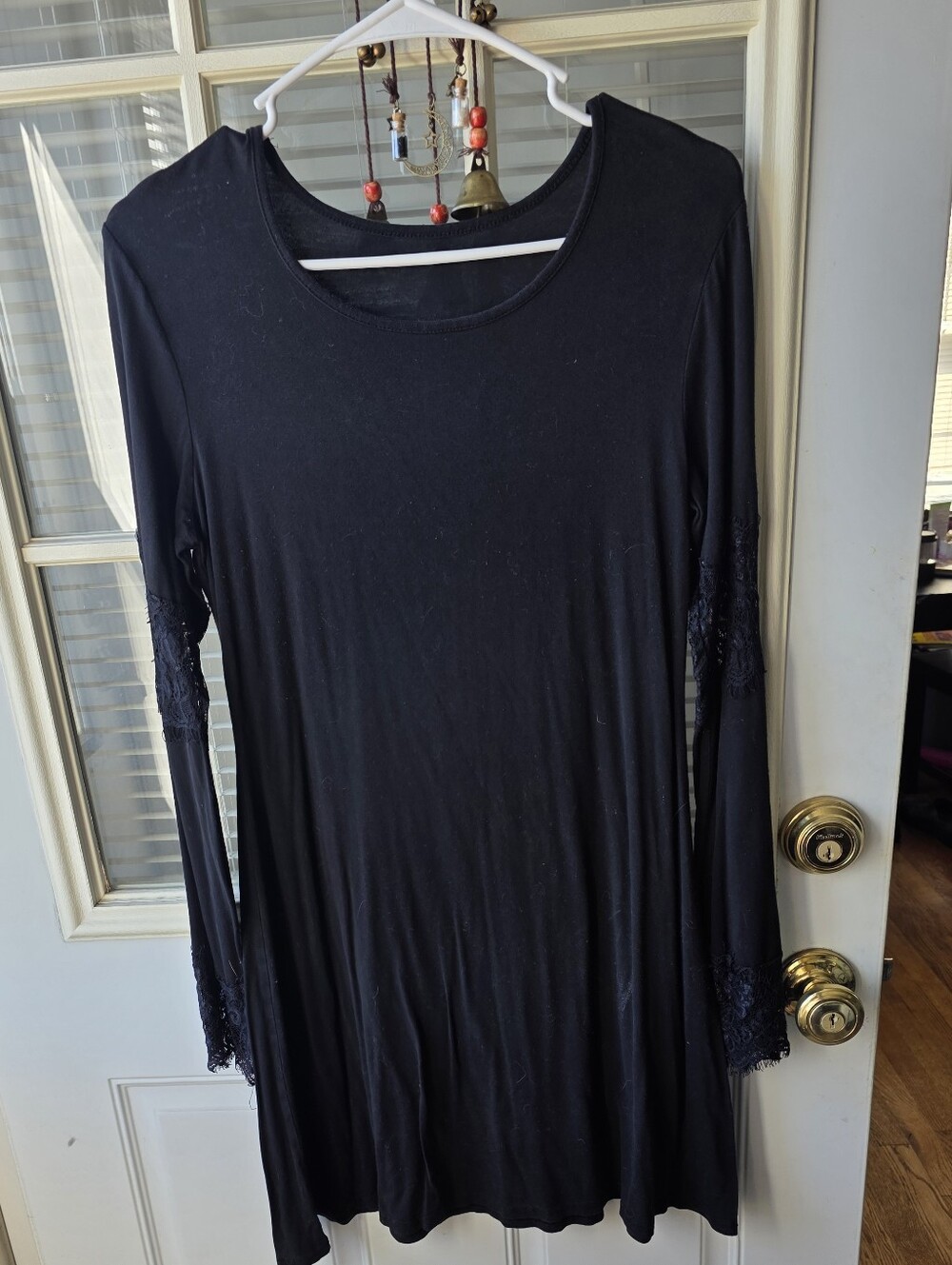 Black Long-Sleeve Lace-Trim Swing Dress